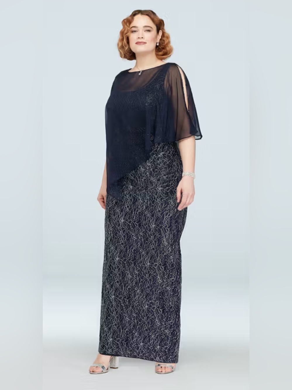 Plus Size Navy Evening Dress with Beaded Cap